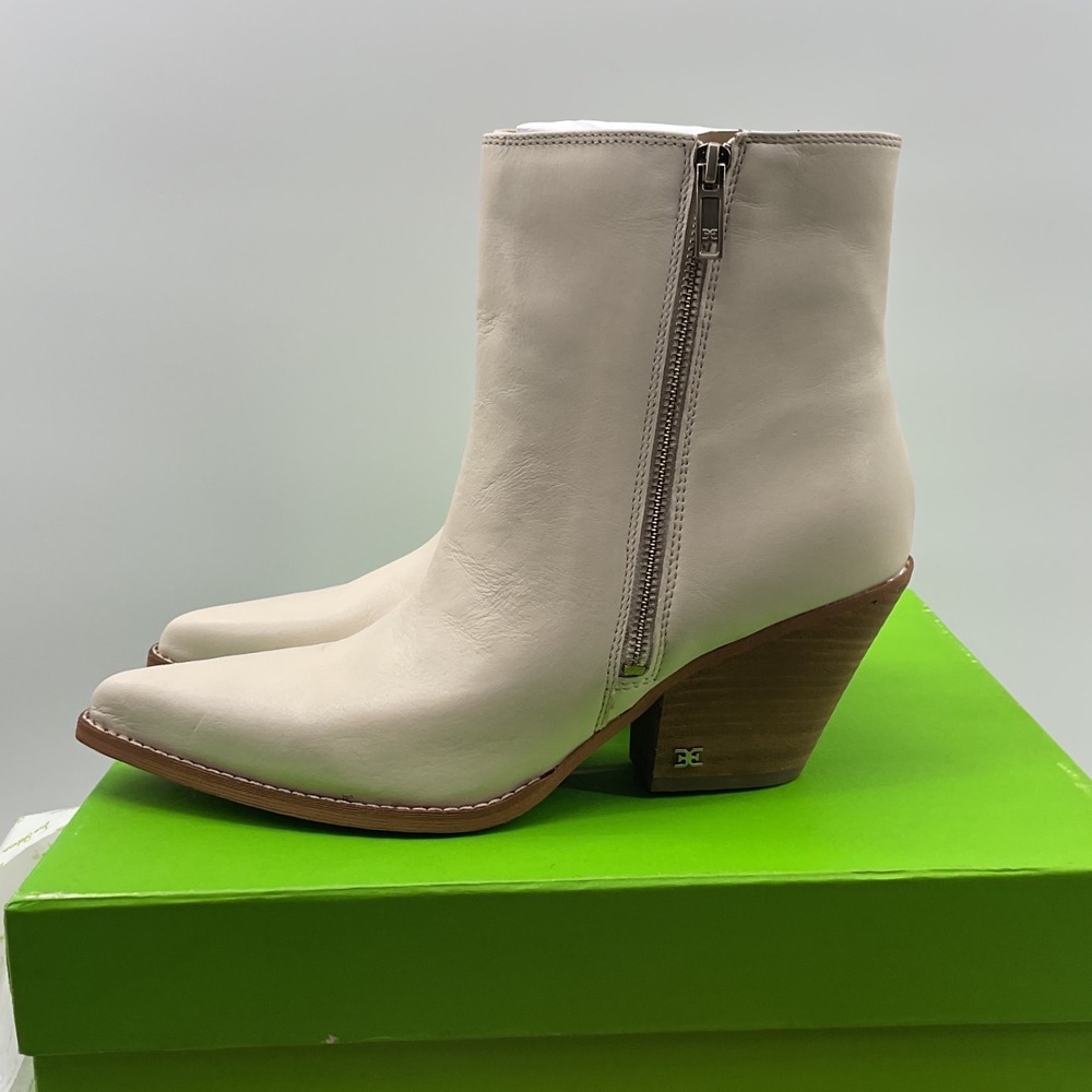 Sam Edelman Jane Leather Western Ankle Boots Cream Ivory Pointed Toe 11M